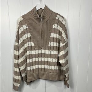a new day Womens Tneck Knit Sweater 2X Beige Cream Stripe 1/2 Zip Soft NWT